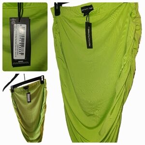 PrettyLittleThing Neon Lime Ruched Midi Skirt with Side Draping